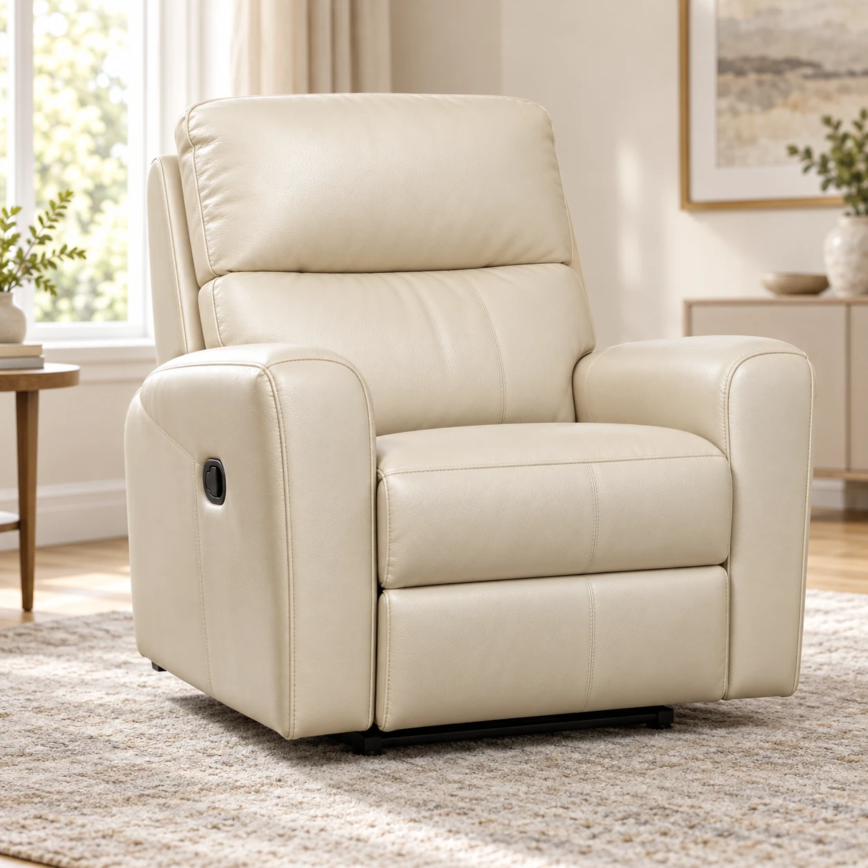 Cream leather manual recliner in a bright living room