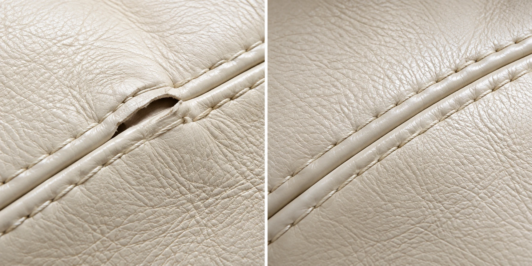 Split seam in cream leather before and after repair