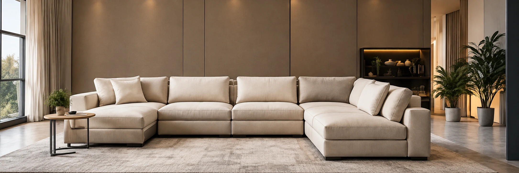 Leather repair Long Island: a long cream sectional in a bright suburban living room