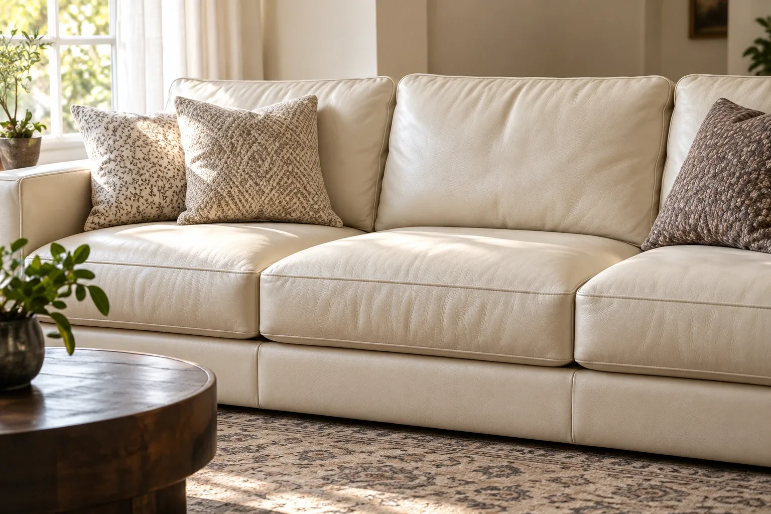 Cream leather sofa with scatter cushions in a sunlit living room