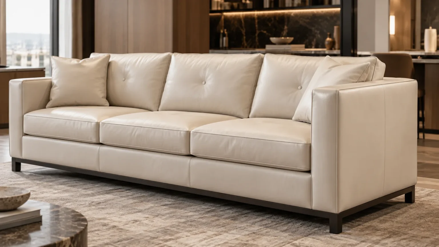 Cream leather sofa with cushions in a model residence living room