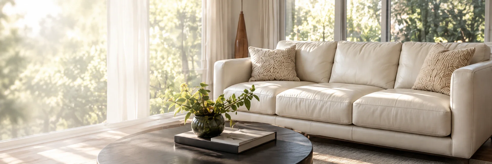 Cream leather sofa beside a bright window in a calm sunlit room