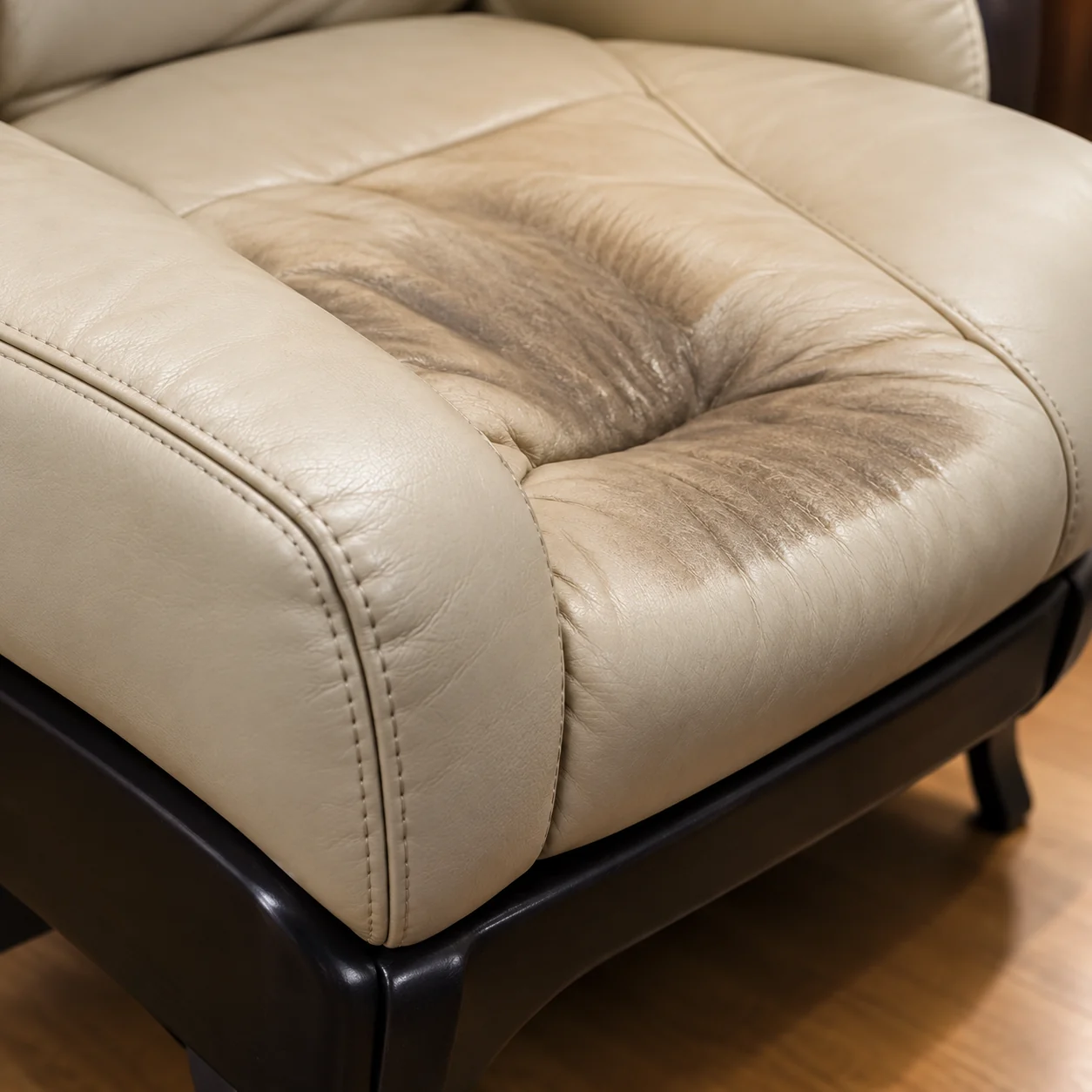 A cream leather massage chair seat cushion, creased and darkened in the hollow of the seat