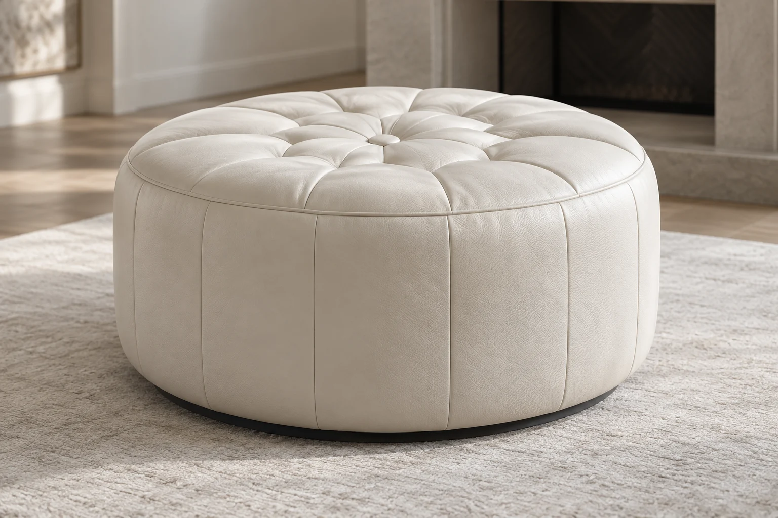 A cream round tufted leather ottoman with a channelled skirt