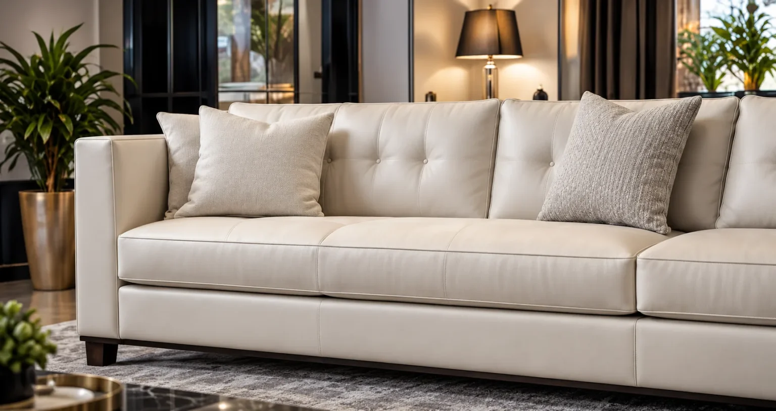 Cream tufted leather sofa in a living room