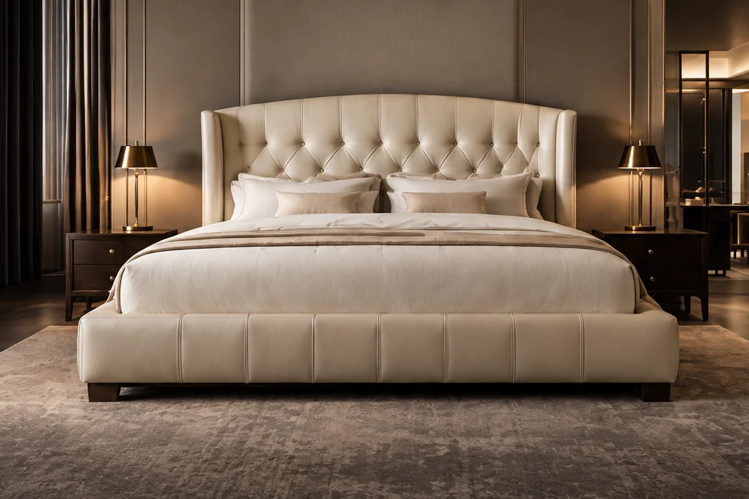 Cream upholstered bed seen from a distance across a dimly lit bedroom