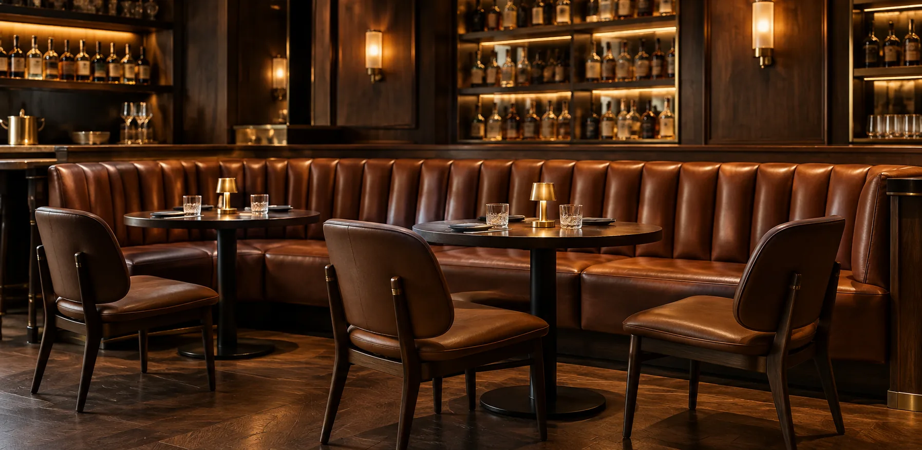 A banquette with loose chairs opposite