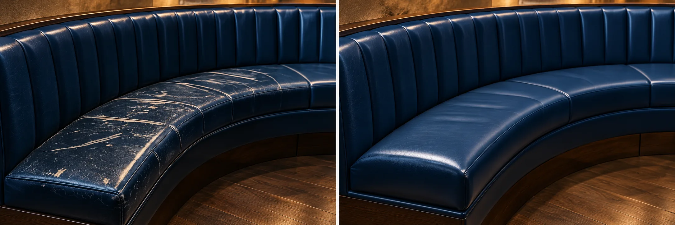 Curved navy booth before and after restoration
