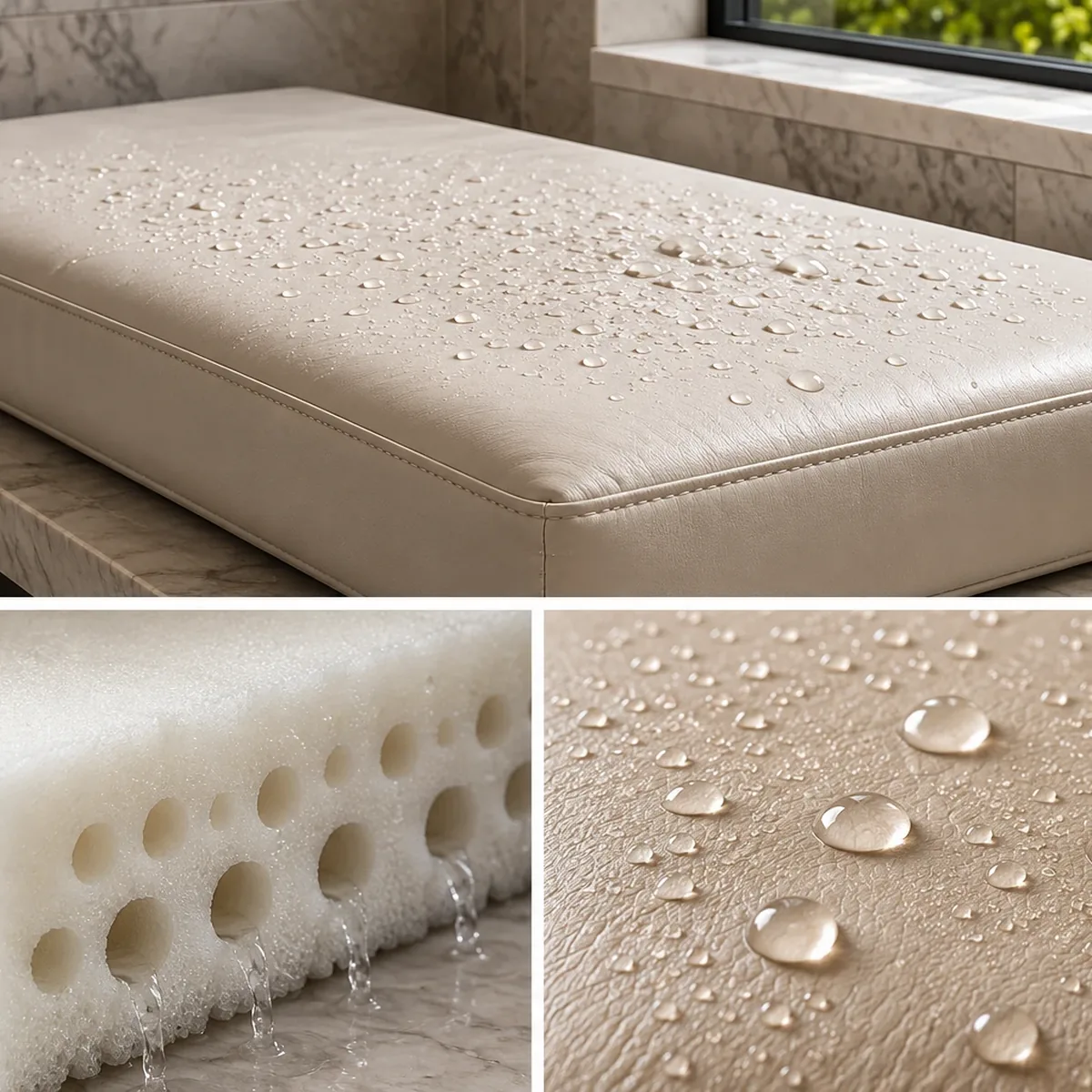 Bath bench cushion beading water, with an open cell foam core draining and a close view of the coated top