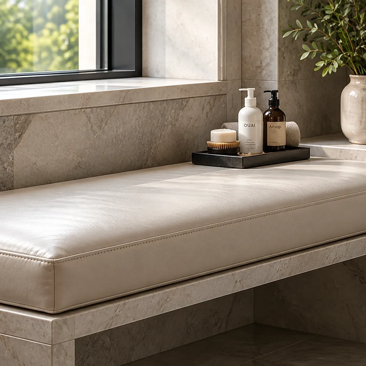 Fitted cushion on a marble bath bench under a window, with toiletries on a tray beside it