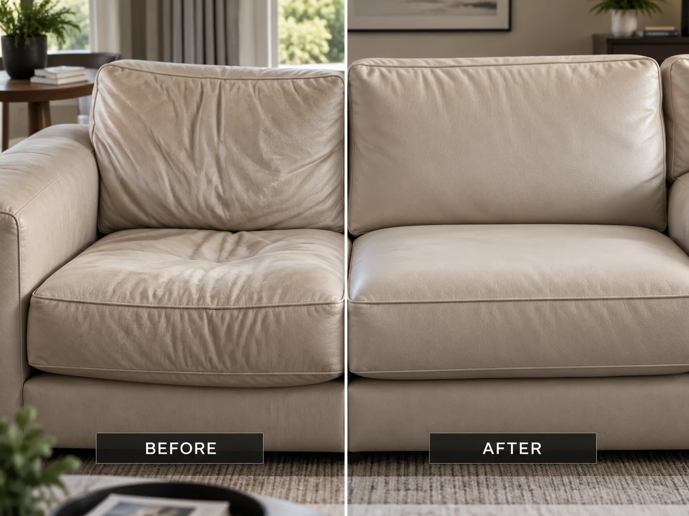 Bone leather sofa before and after new foam cores under the original covers