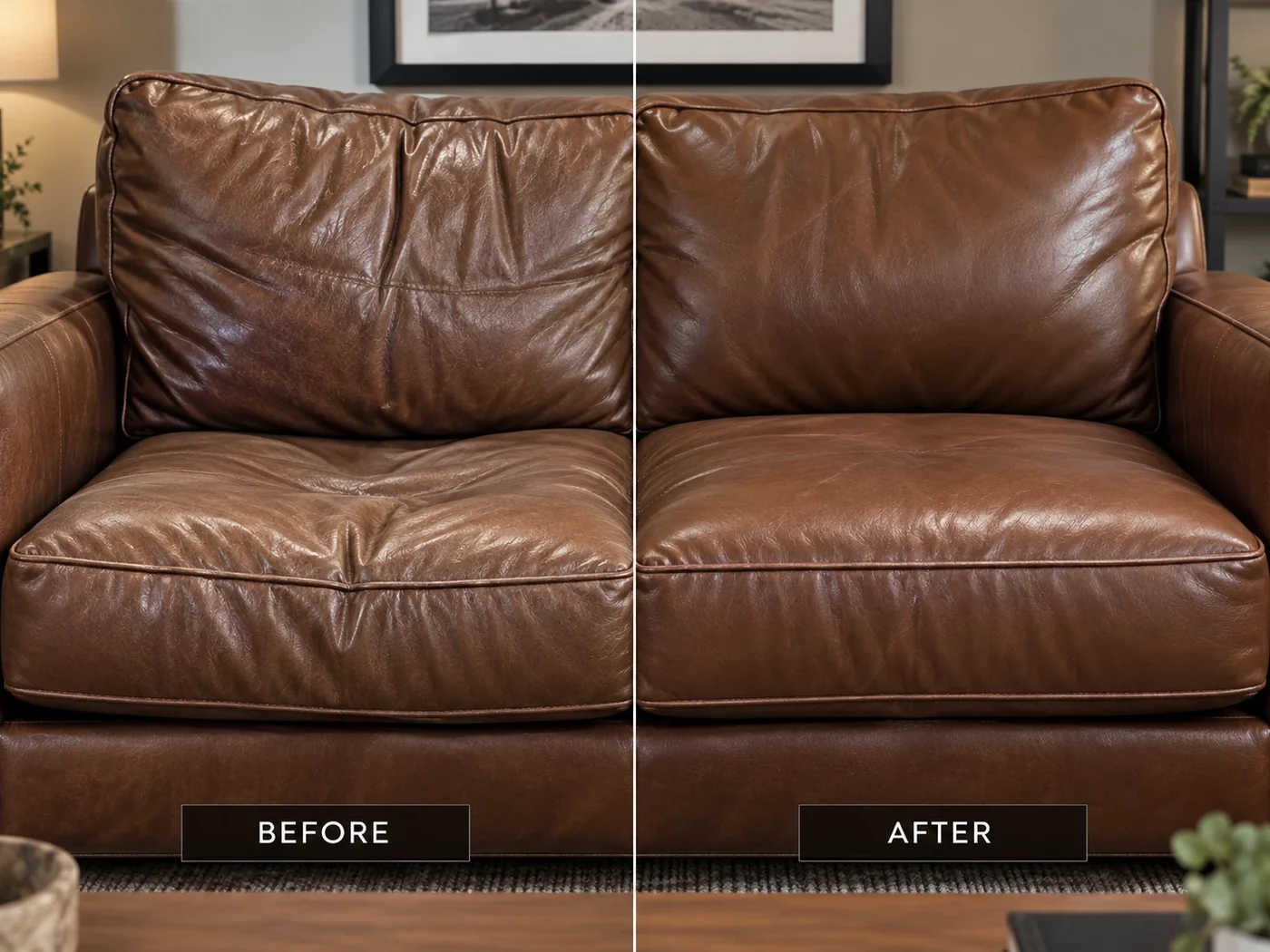 Brown leather loveseat before and after new cushion cores, the original leather kept