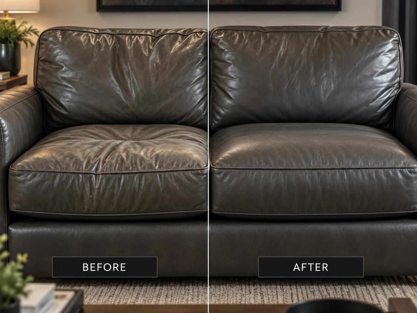 Charcoal leather loveseat before and after the creased seat was rebuilt