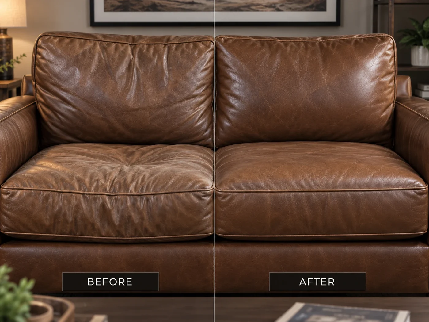 Cognac leather loveseat before and after sofa cushion replacement