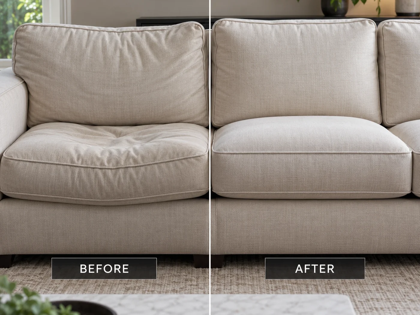 Cream fabric sofa before and after sofa cushion replacement, the sunk seat back at full height