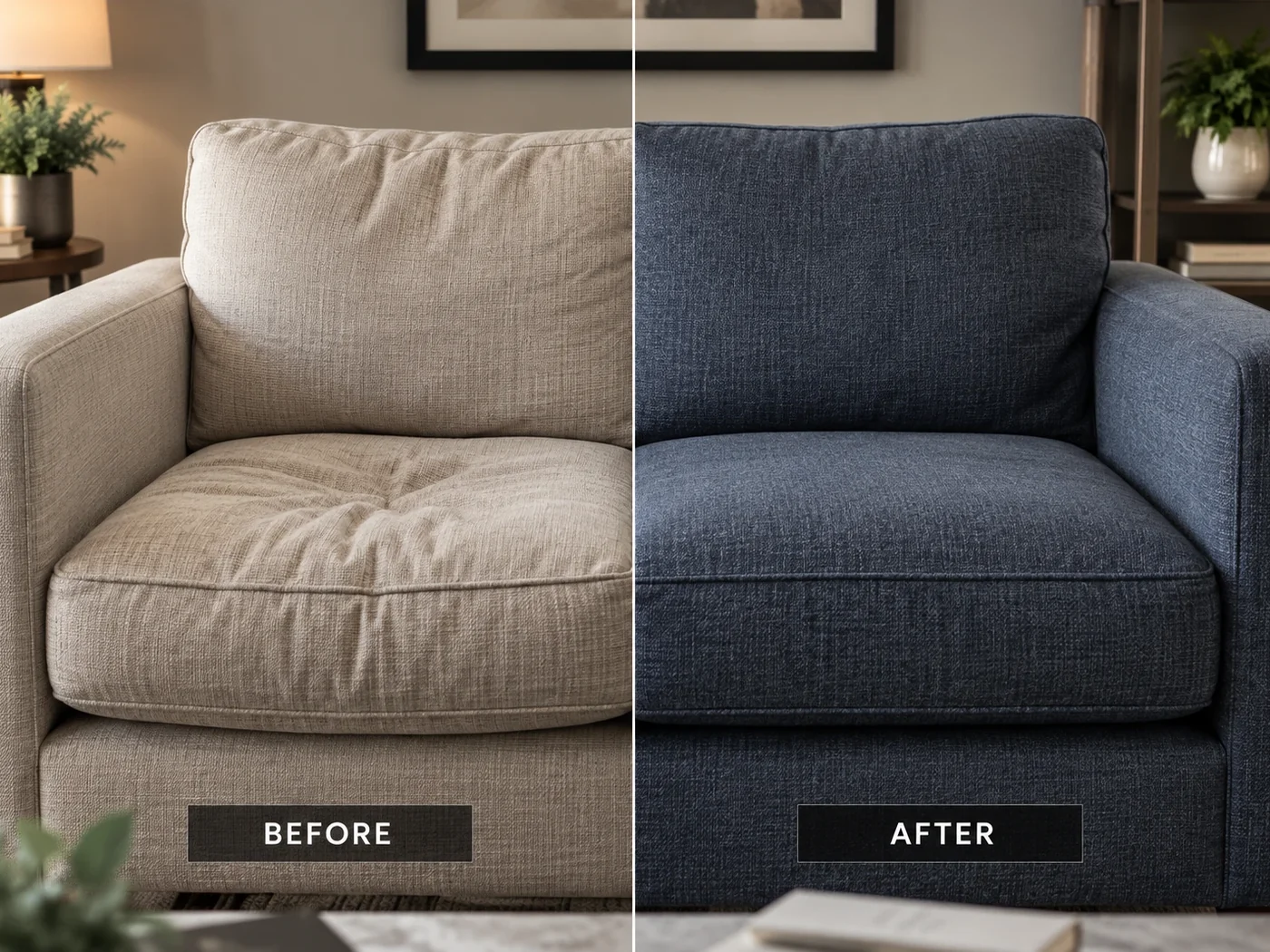 Armchair before and after new cushion fill and new navy covers