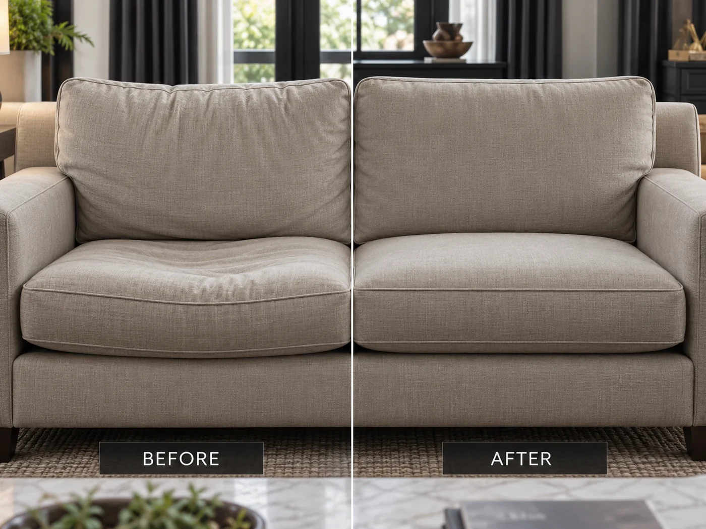 Taupe fabric loveseat before and after the seat cushions were refilled