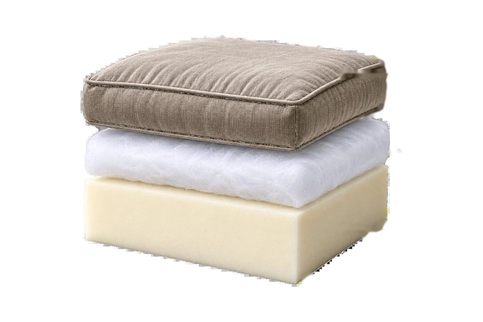 Exploded view of a cushion: upholstery cover on top, batting wrap in the middle, foam core at the base