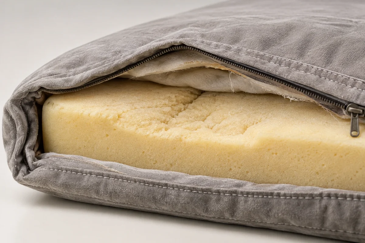 Grey cushion cover unzipped to show the yellowed foam insert sitting inside it
