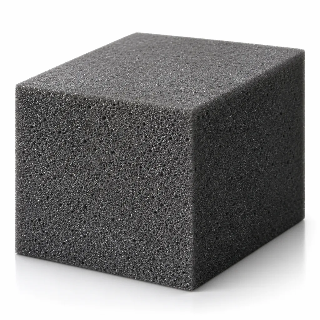 Block of charcoal grey firm cushion foam with a dense cell structure