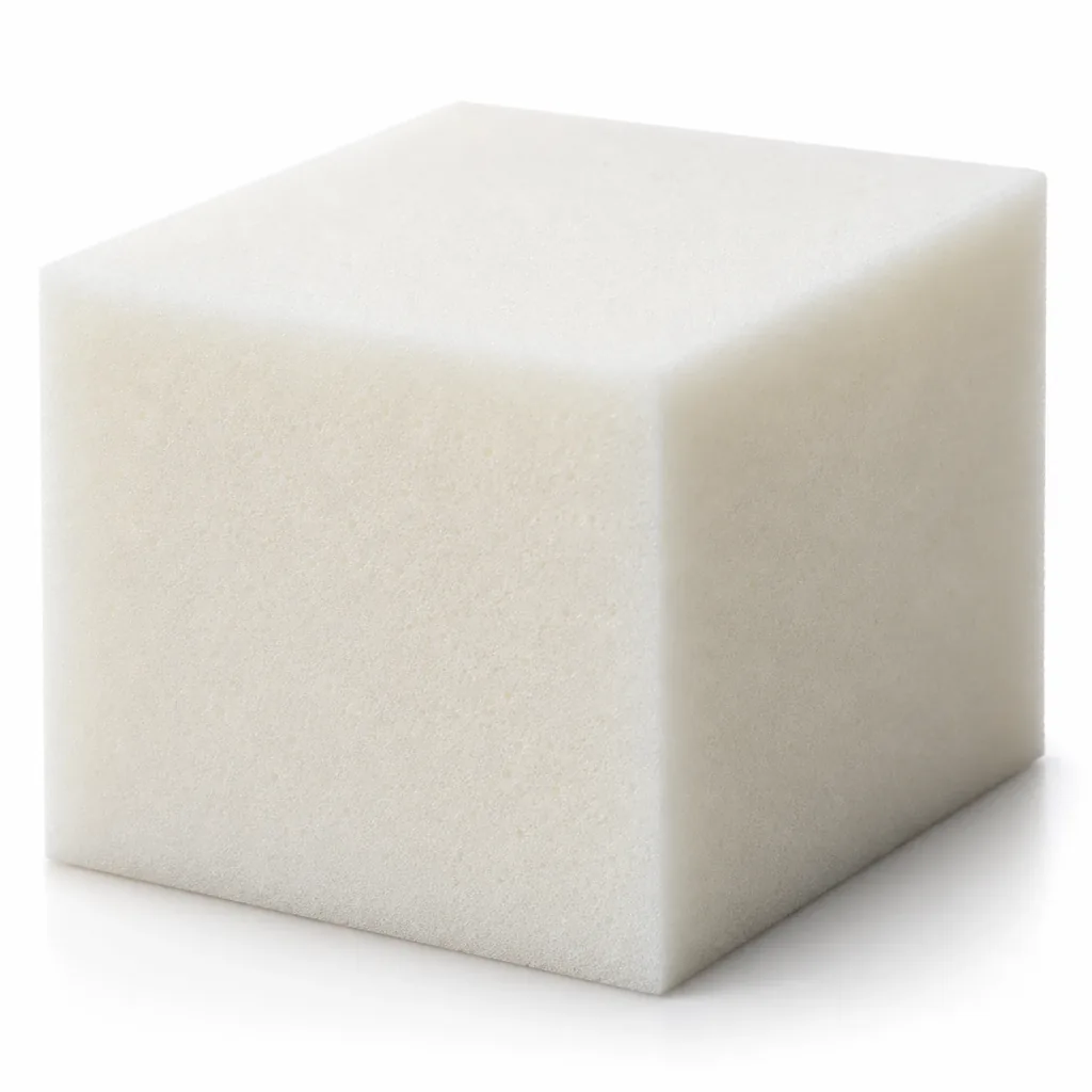 Block of soft white cushion foam with a fine open cell structure