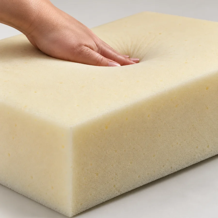 A hand resting on a pale yellow firm foam block that holds its shape under pressure