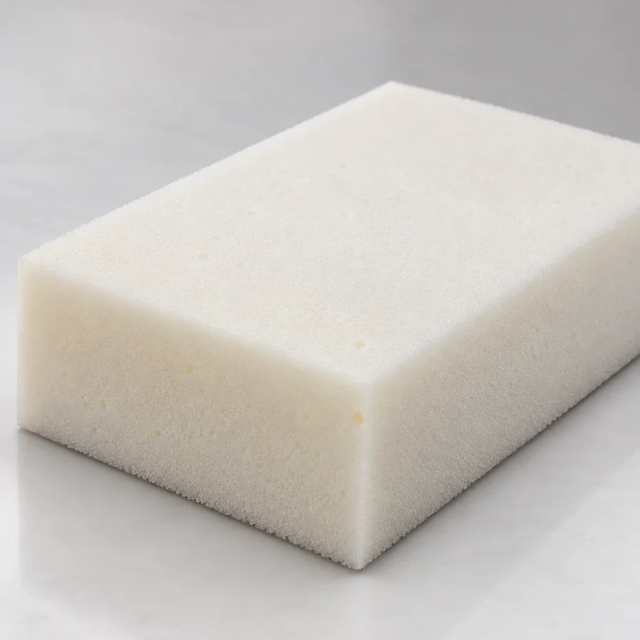 Block of white high-density upholstery foam with a fine closed cell structure