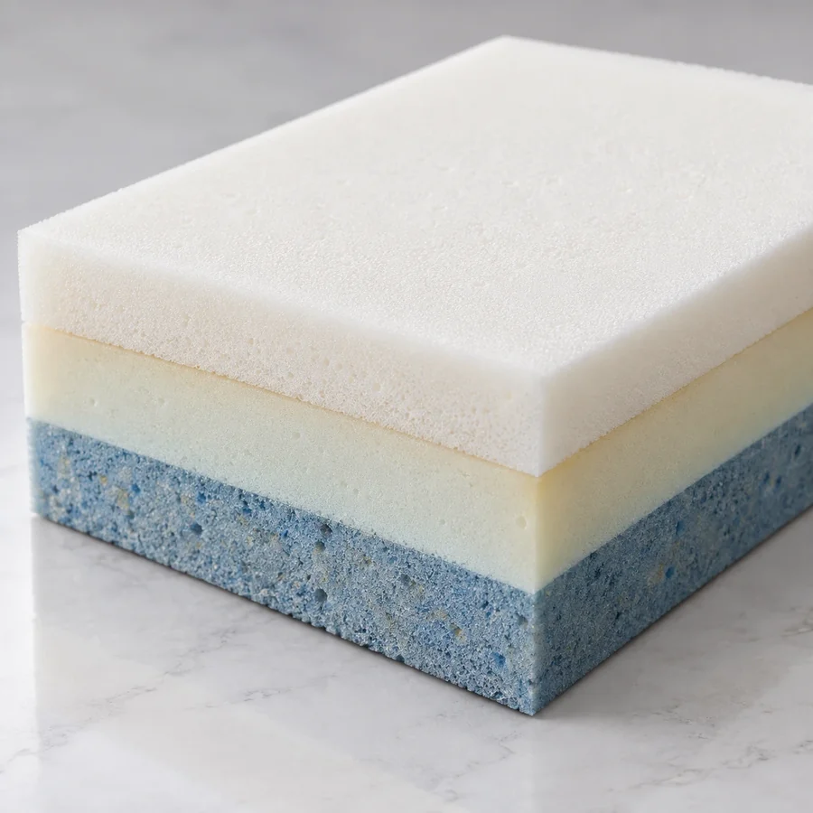 Foam block built from three bonded layers in white, cream and blue