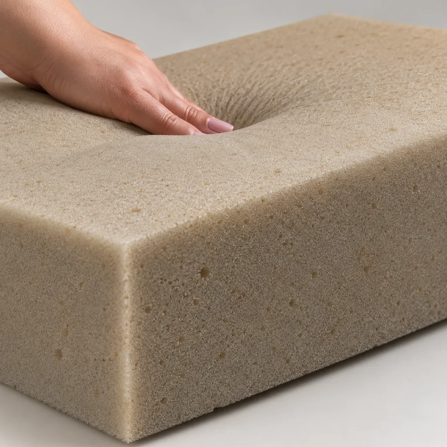 A hand pressing into a dense tan medium-firm foam block that barely dips