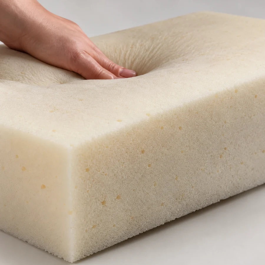 A hand pressing into an off-white medium foam block that gives part way