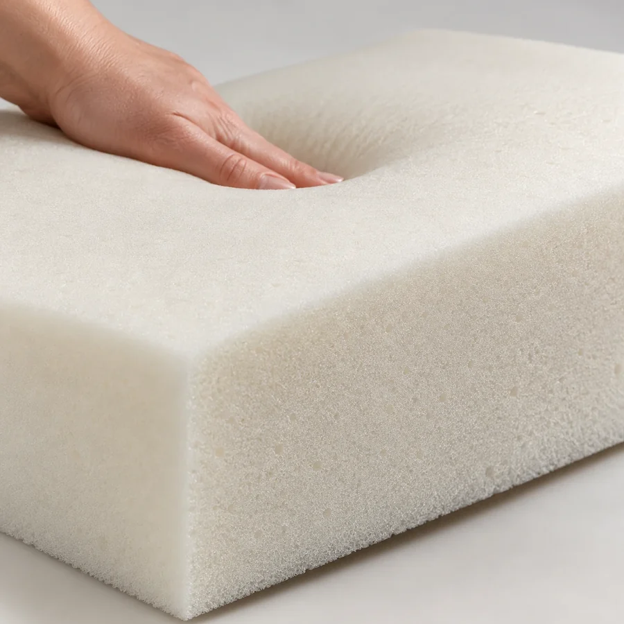 A hand pressing deep into a soft white foam block, leaving a wide hollow