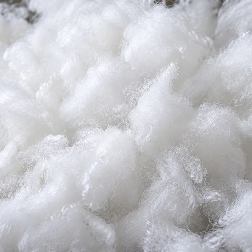 Loose white polyester fibre fill in soft clusters