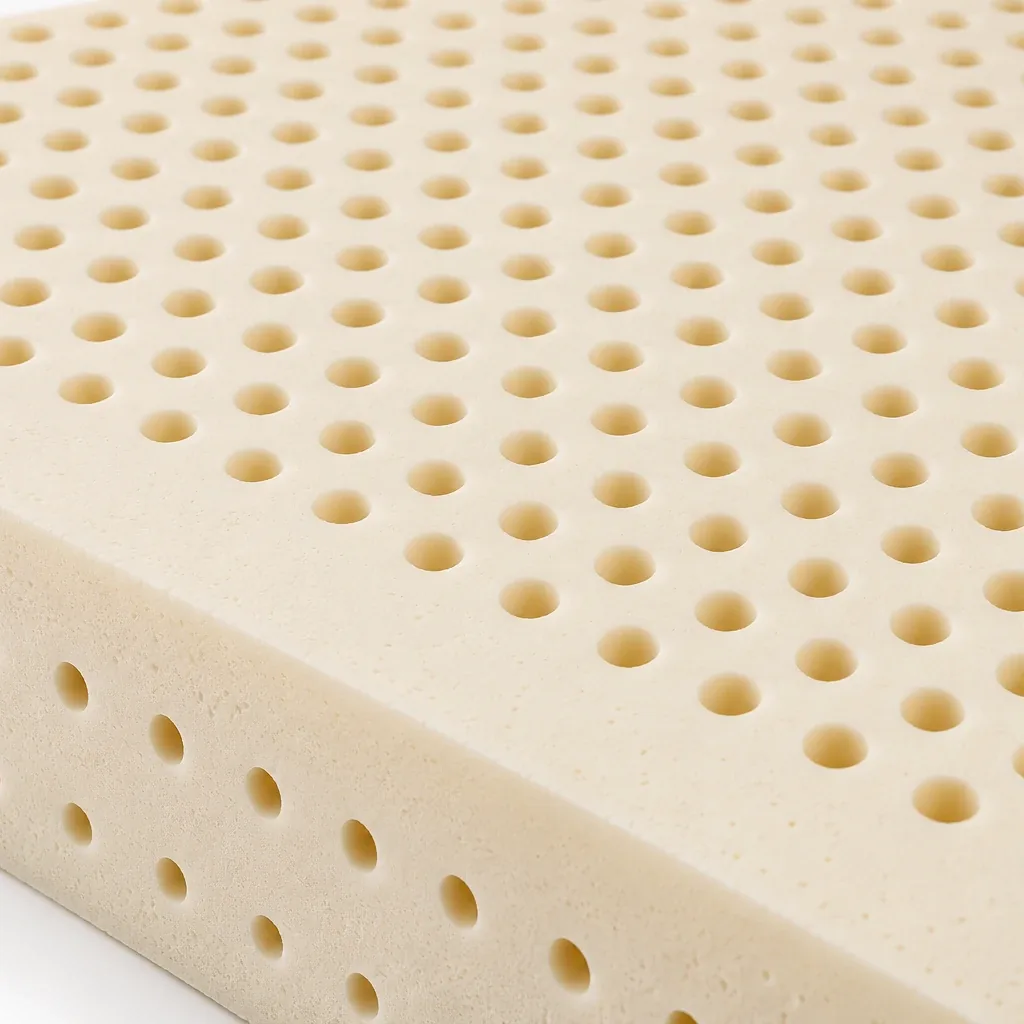 Slab of beige latex foam pierced with a regular grid of pin holes