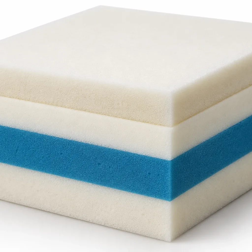 Cushion core built from stacked foam layers with a blue support layer through the middle