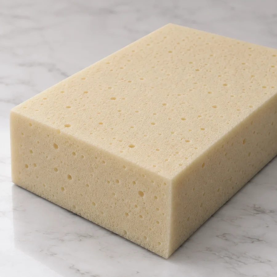 Pale yellow latex foam block with an open pinhole surface