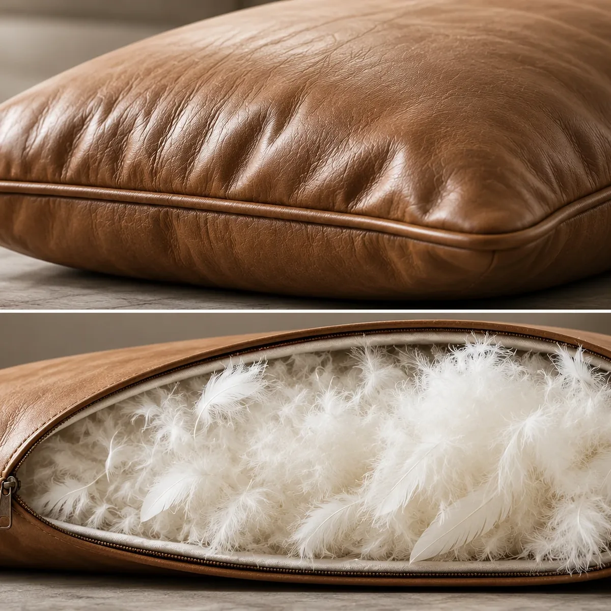 Leather pillow cushion above the same cushion unzipped to show the feather fill inside