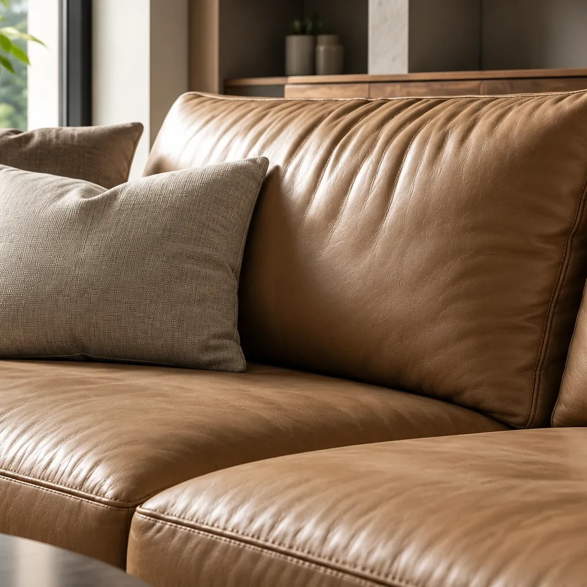 Tan leather sofa with a boxed back pillow and a woven throw cushion resting on the seat