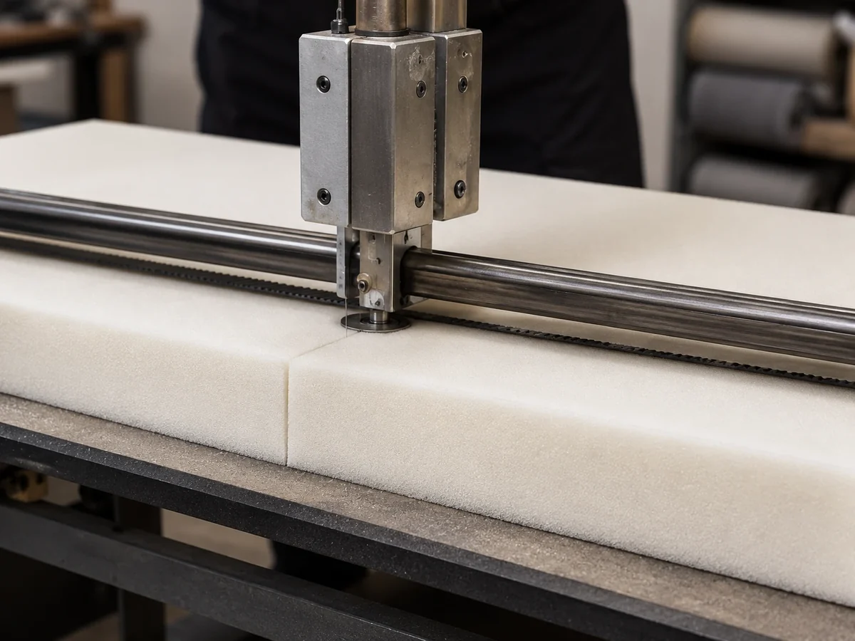 Vertical blade cutting a long foam blank to size on a workshop table