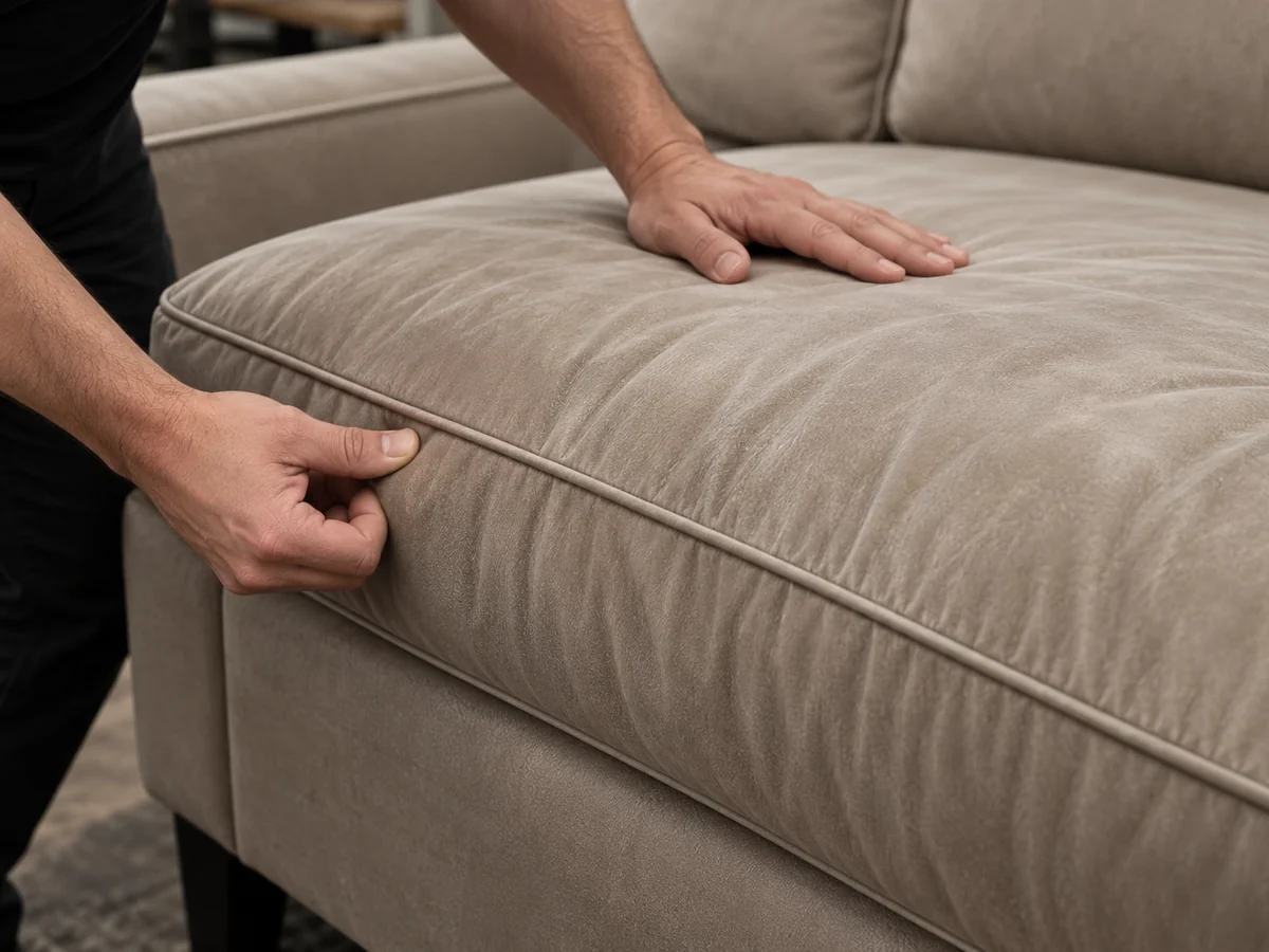 Hands checking the height and piping of a finished taupe sofa cushion