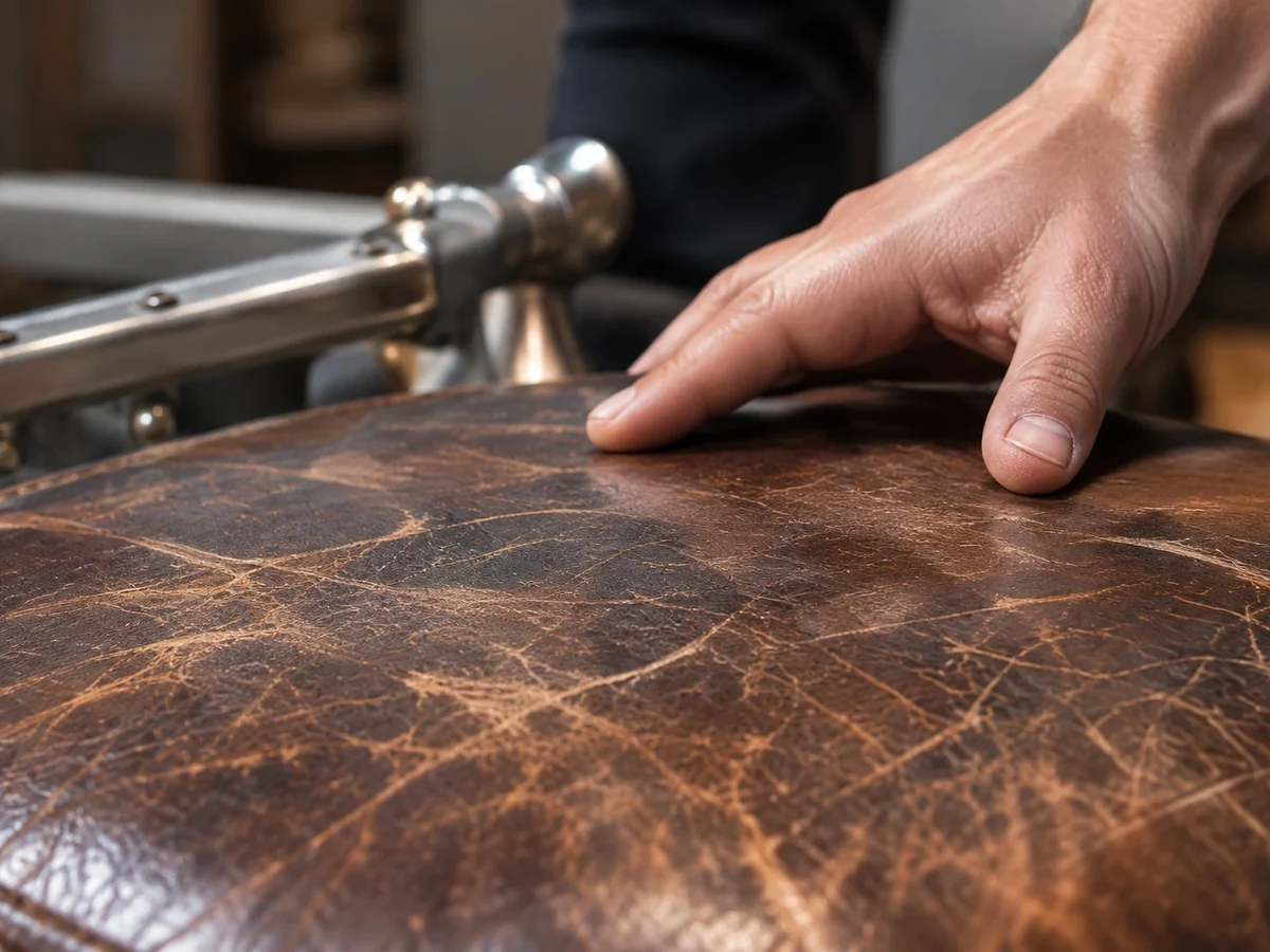 Hand pressing on a cracked dark brown leather seat to test how much support is left