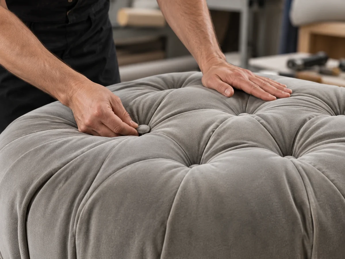 Hands settling a rebuilt insert into a grey tufted cushion cover