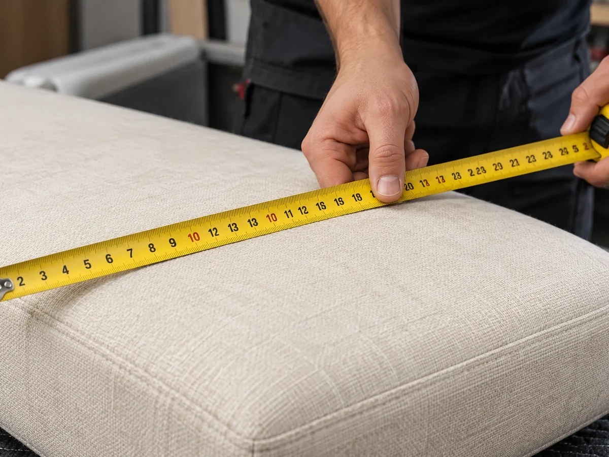 Tape measure laid across a cream fabric sofa cushion to record its width
