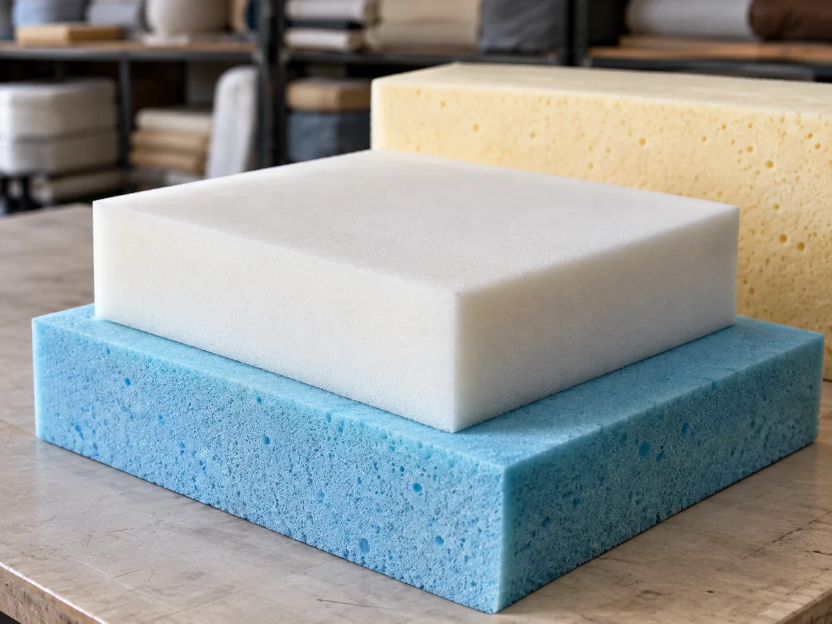 Three foam blocks of different density stacked on a workshop bench