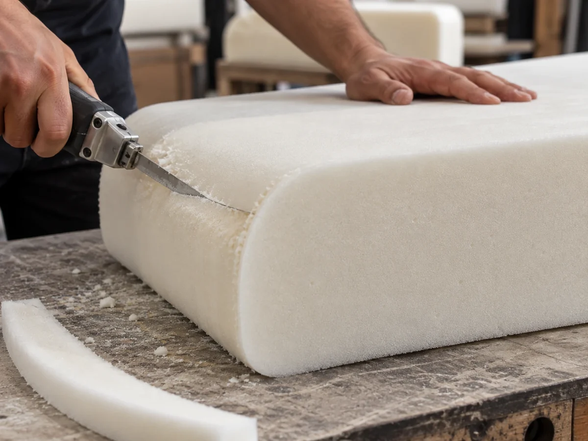Upholsterer contouring the rounded front edge of a foam core with an electric knife