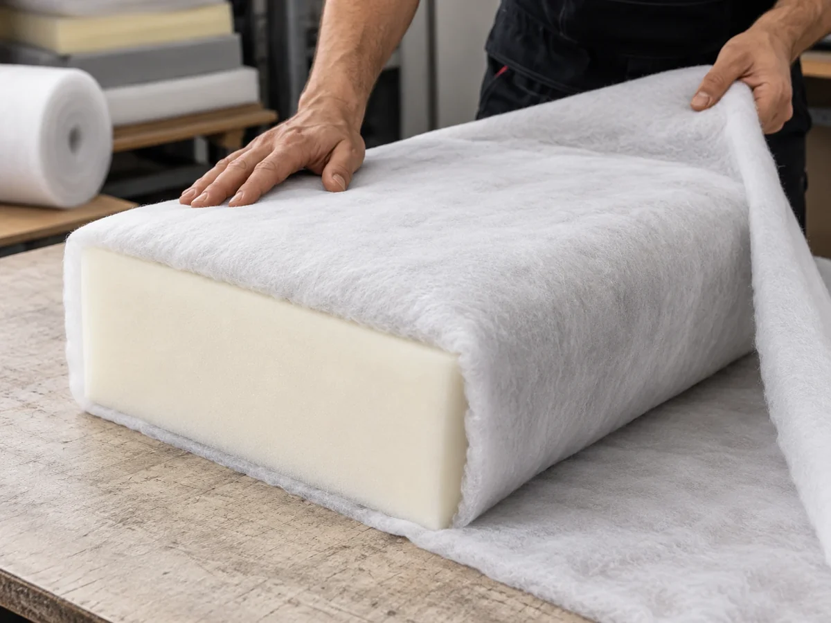 White Dacron batting being wrapped around a cream foam cushion core