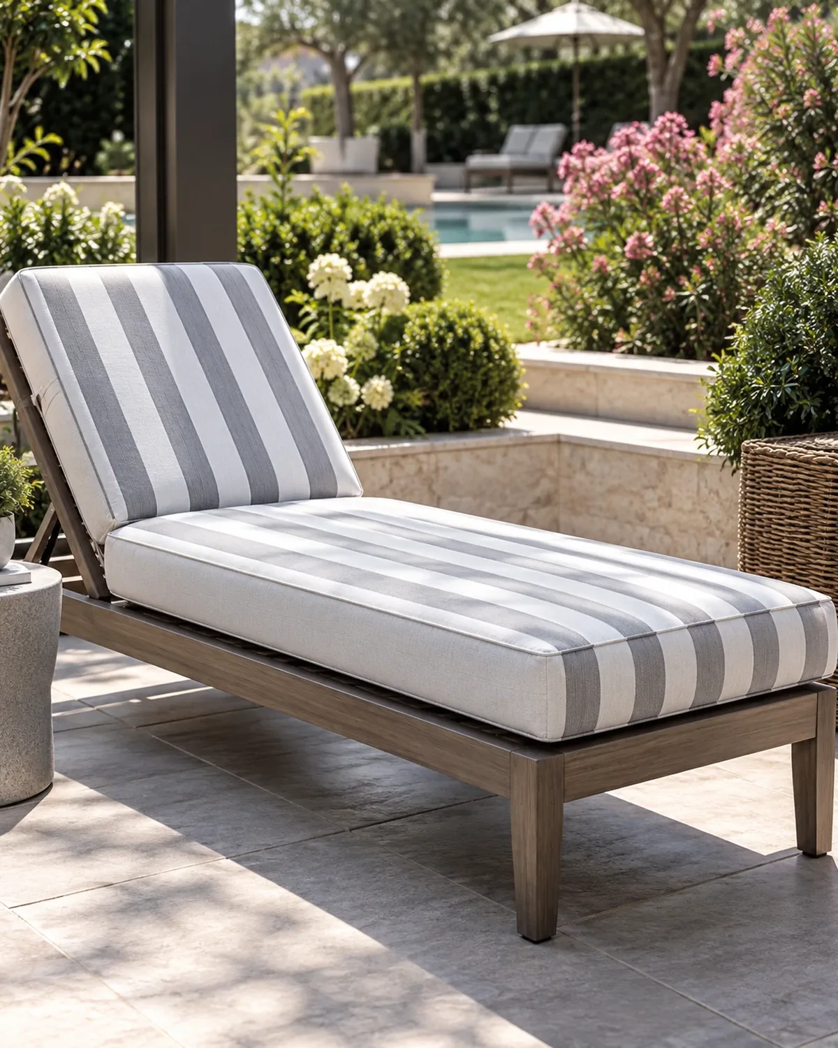 Outdoor chaise longue on a pool terrace with a grey and white striped seat and back cushion
