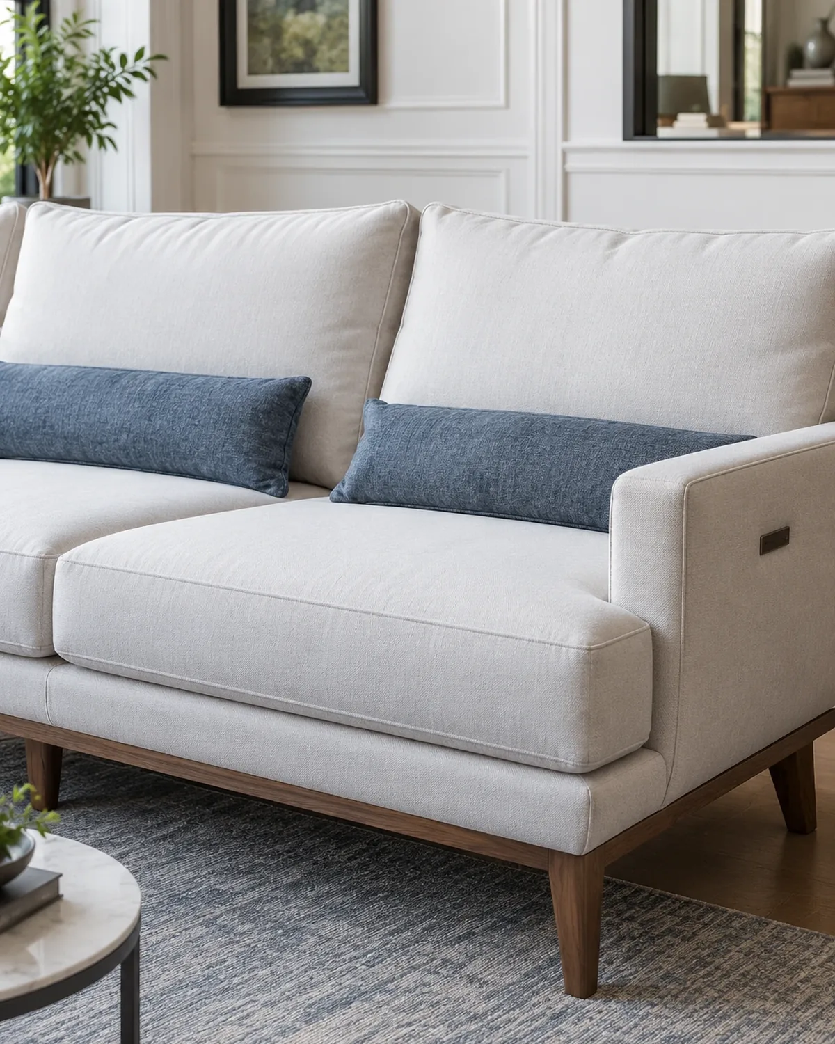 Corner of a cream sofa with rebuilt seat and back cushions and two blue bolster pillows