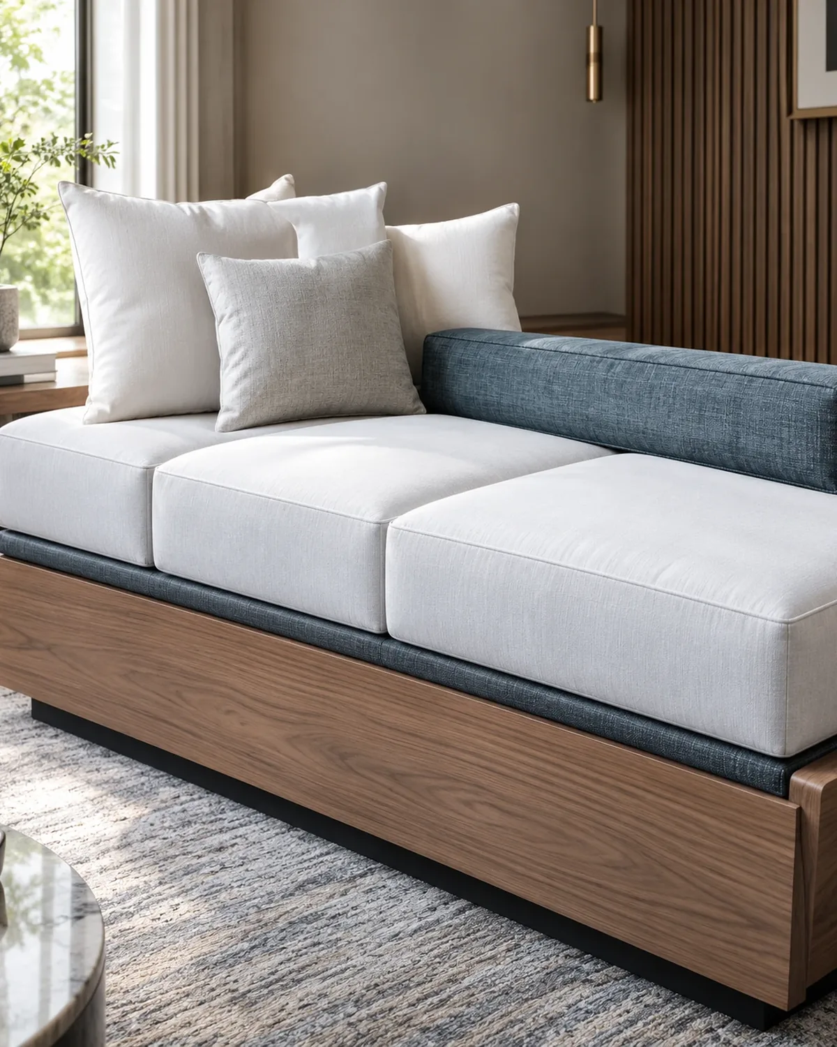 Walnut plinth sofa with three cream seat cushions cut as one run over a denim base band