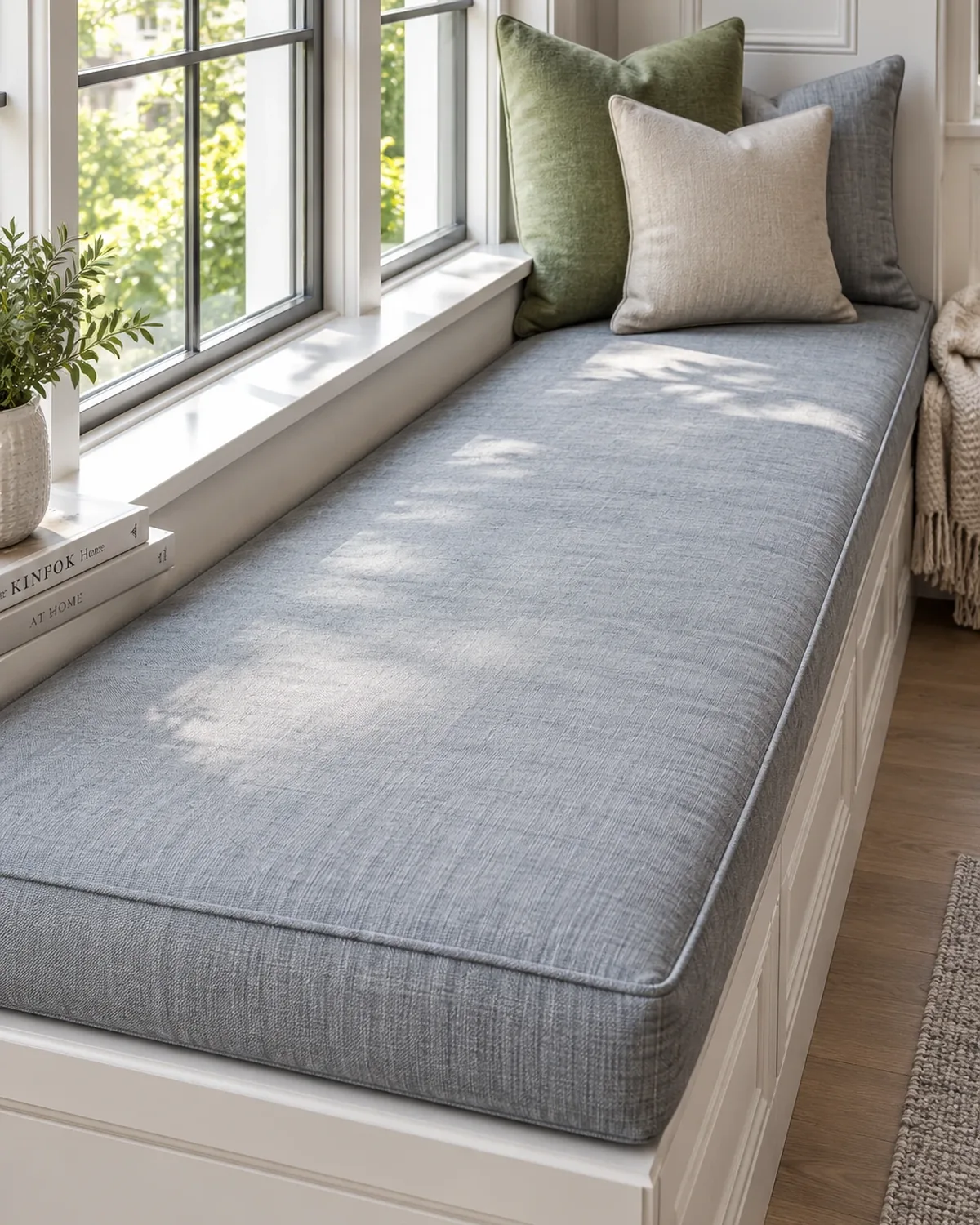 Built-in window seat with a long grey linen pad running the full length of the nook