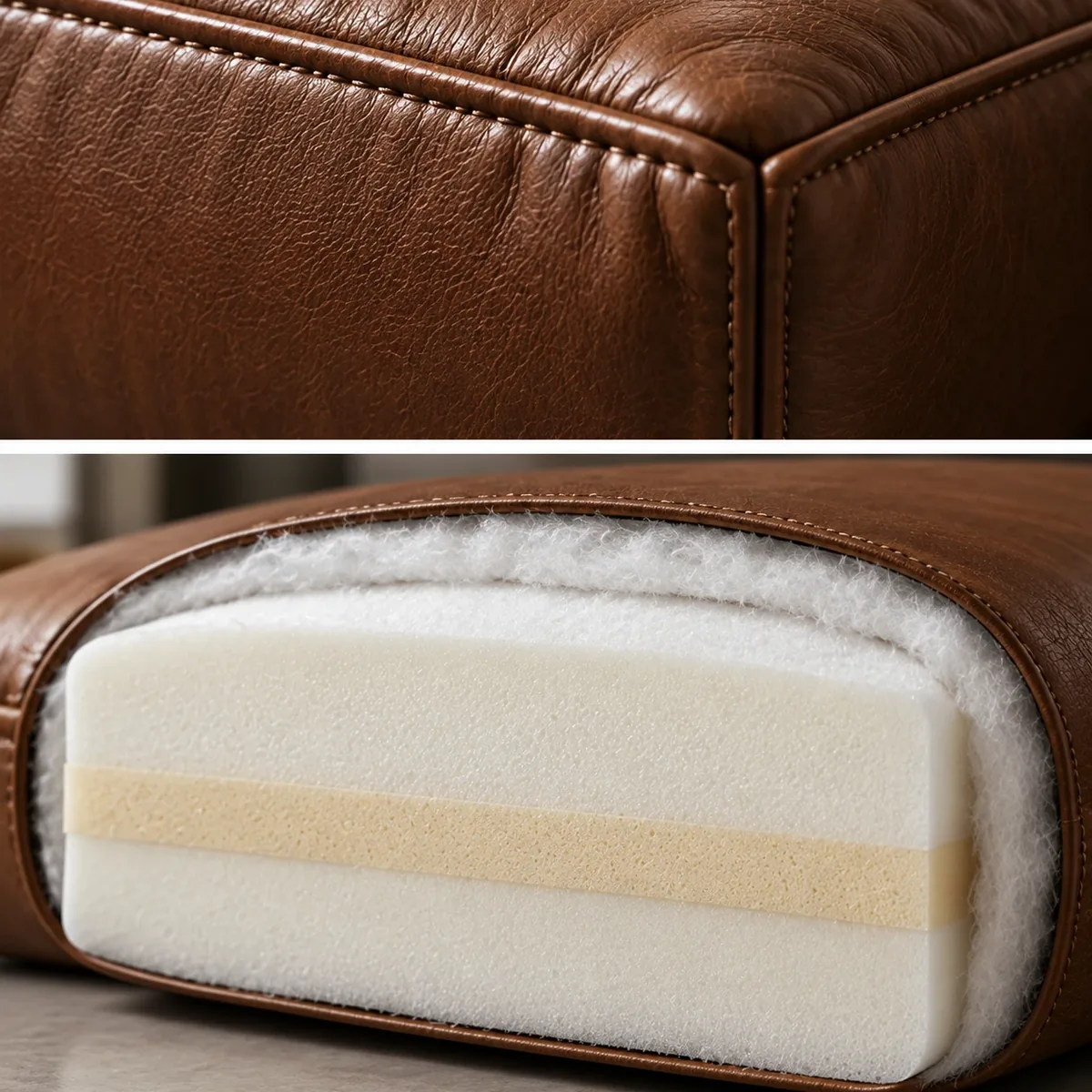 Stitched leather cushion corner above a cutaway showing layered foam wrapped in a fibre layer
